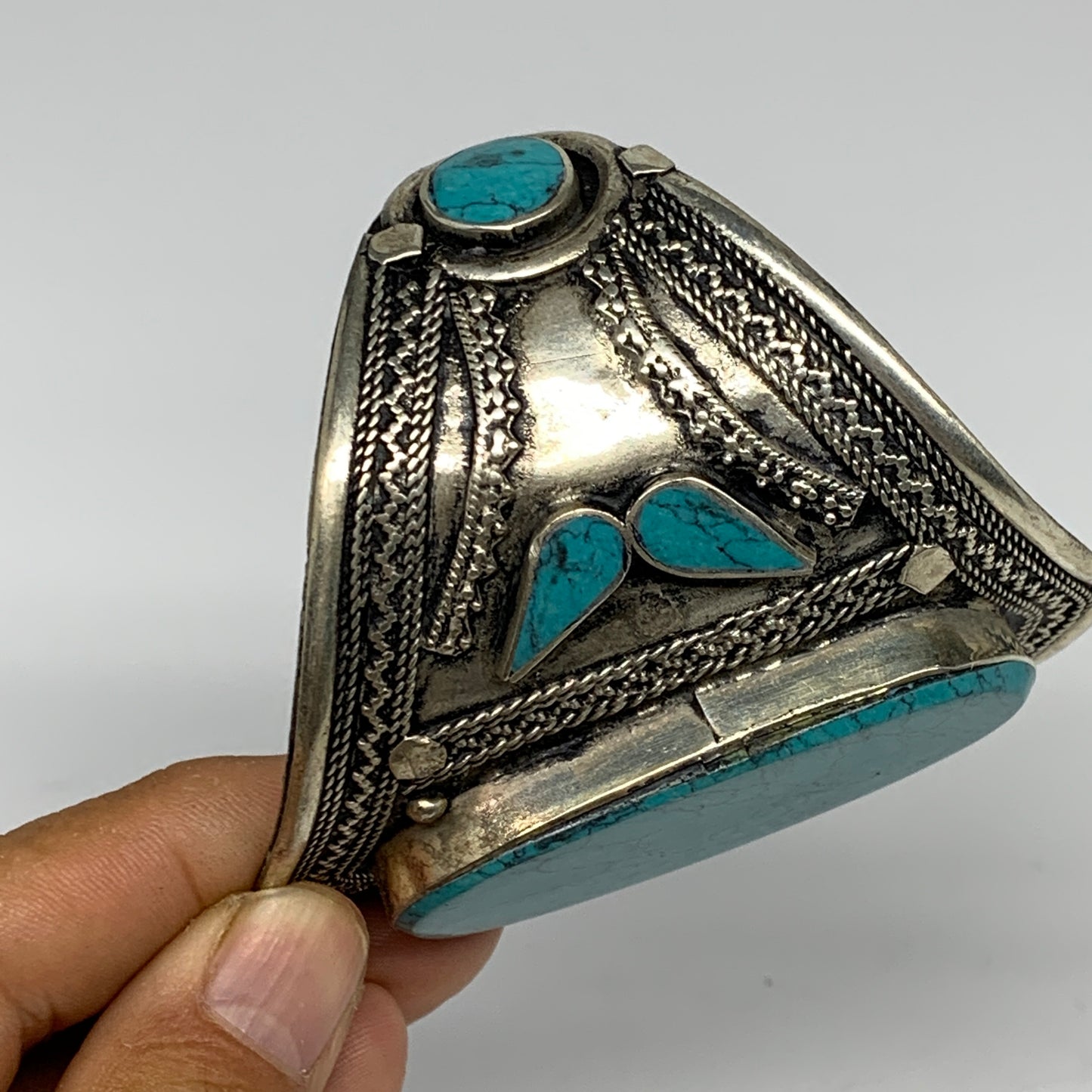55.5g, Vintage Reproduced Afghan Turkmen Synthetic Turquoise Cuff Bracelet, B132