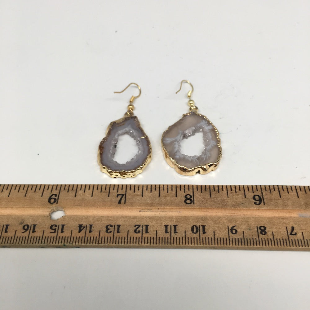 9.7 grams, 2" Agate Druzy Slice Geode Gold Plated Earrings from Brazil, BE130 - watangem.com