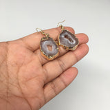 10 grams, 1.9" Agate Druzy Slice Geode Gold Plated Earrings from Brazil, BE135 - watangem.com