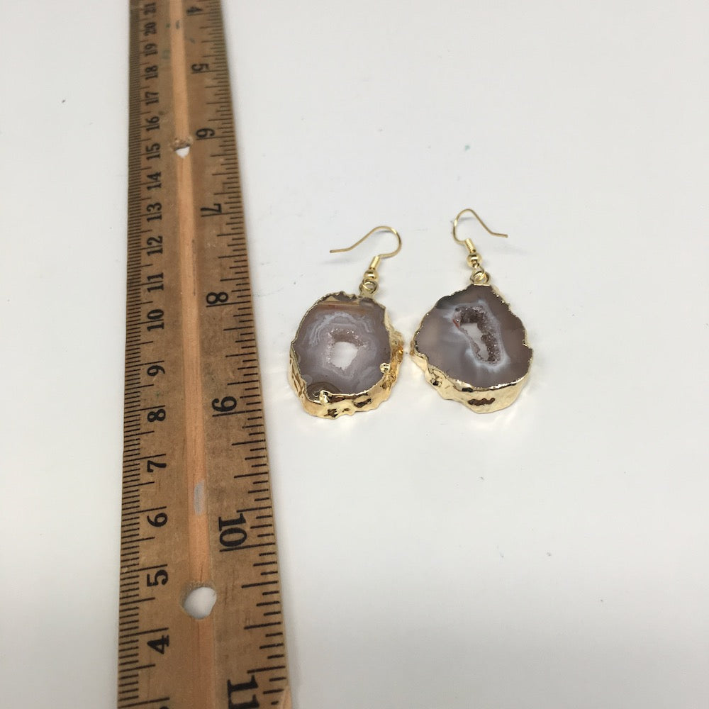10 grams, 1.9" Agate Druzy Slice Geode Gold Plated Earrings from Brazil, BE135 - watangem.com
