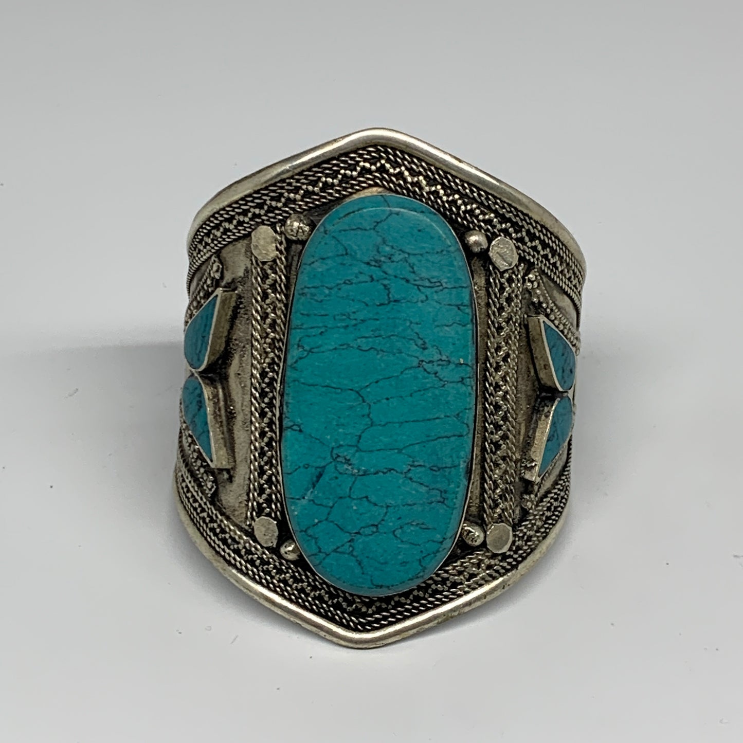 59.7g, 3.2" Vintage Reproduced Afghan Turkmen Synthetic Turquoise Cuff Bracelet,