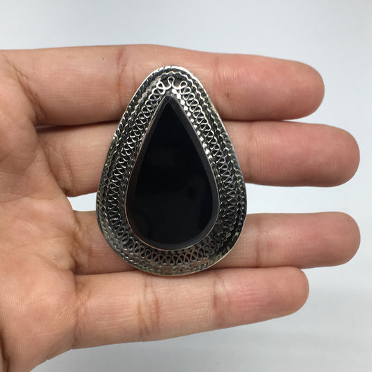 Antique Afghan Turkmen Tribal Teardrop Black Onyx Kuchi Ring Boho Statement,TR79