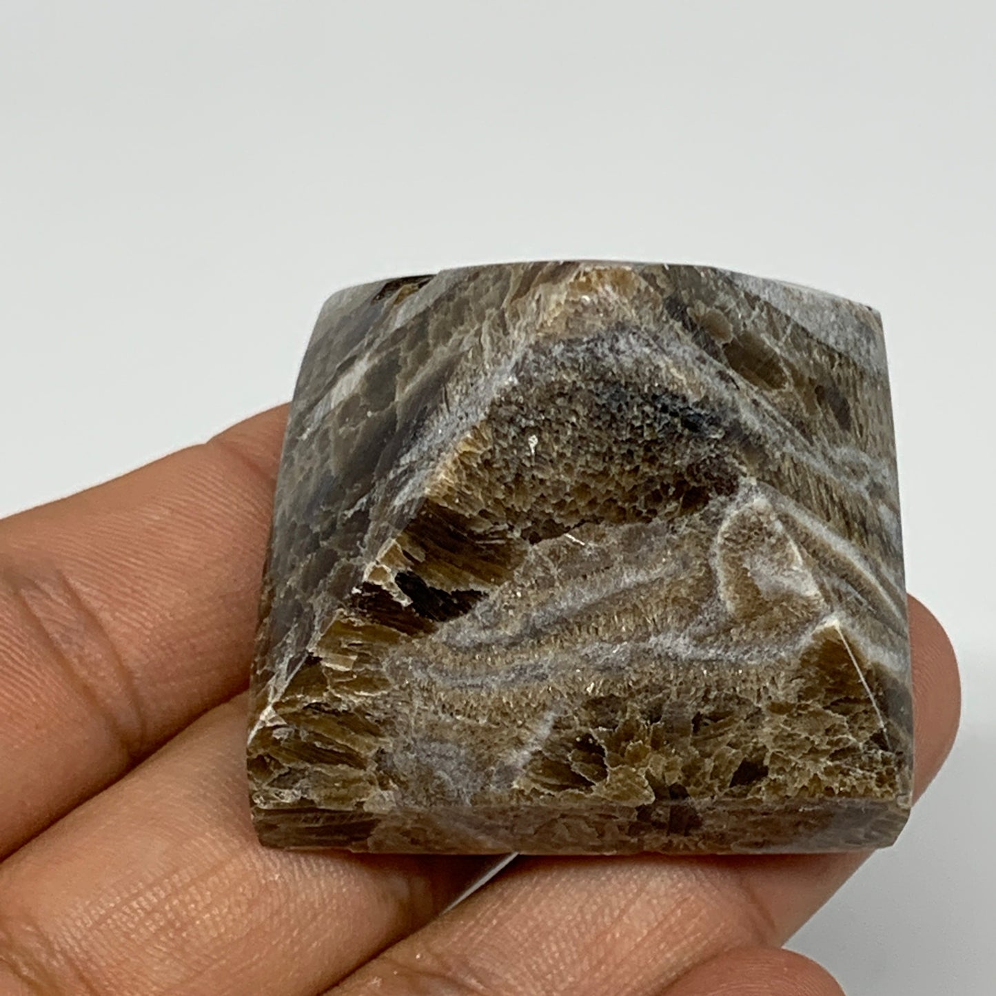 60.7g, 1.2"x1.6"x1.6" Chocolate/Gray Onyx Pyramid Gemstone @Morocco, B19019