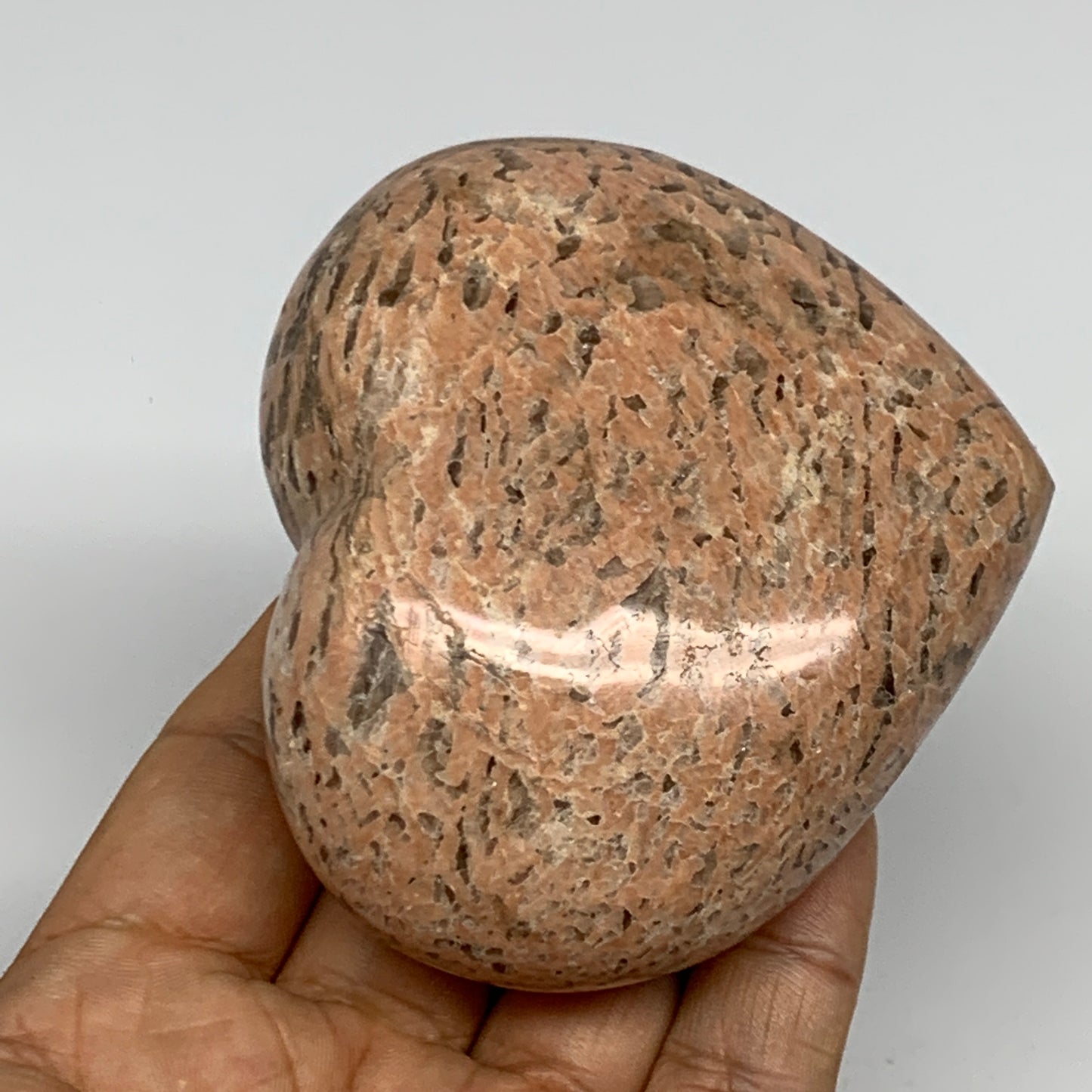 295.2g,2.8"x3.2"x1.5", Pink Peach Moonstone Heart Crystal Polished Reiki,B17480