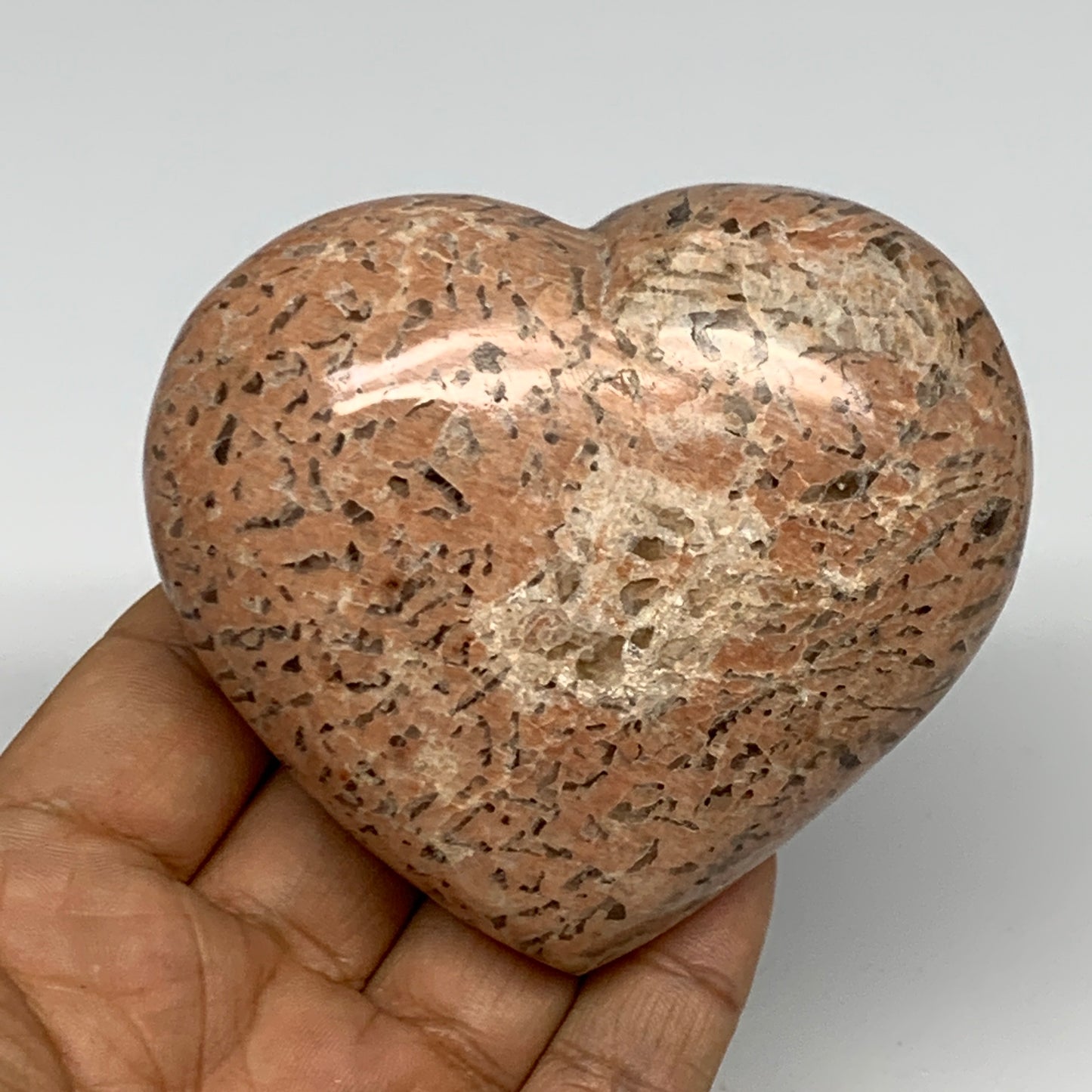 295.2g,2.8"x3.2"x1.5", Pink Peach Moonstone Heart Crystal Polished Reiki,B17480