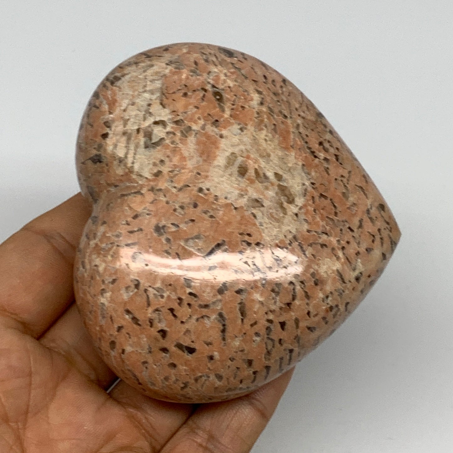 295.2g,2.8"x3.2"x1.5", Pink Peach Moonstone Heart Crystal Polished Reiki,B17480