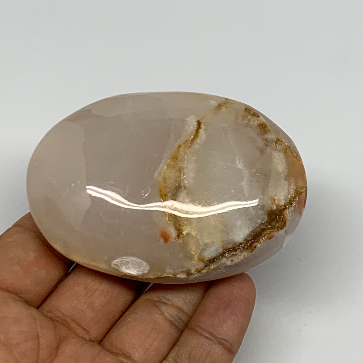 155.1g,3"x2.2"x1",Pink Calcite Palm-Stone Crystal Polished,B23075