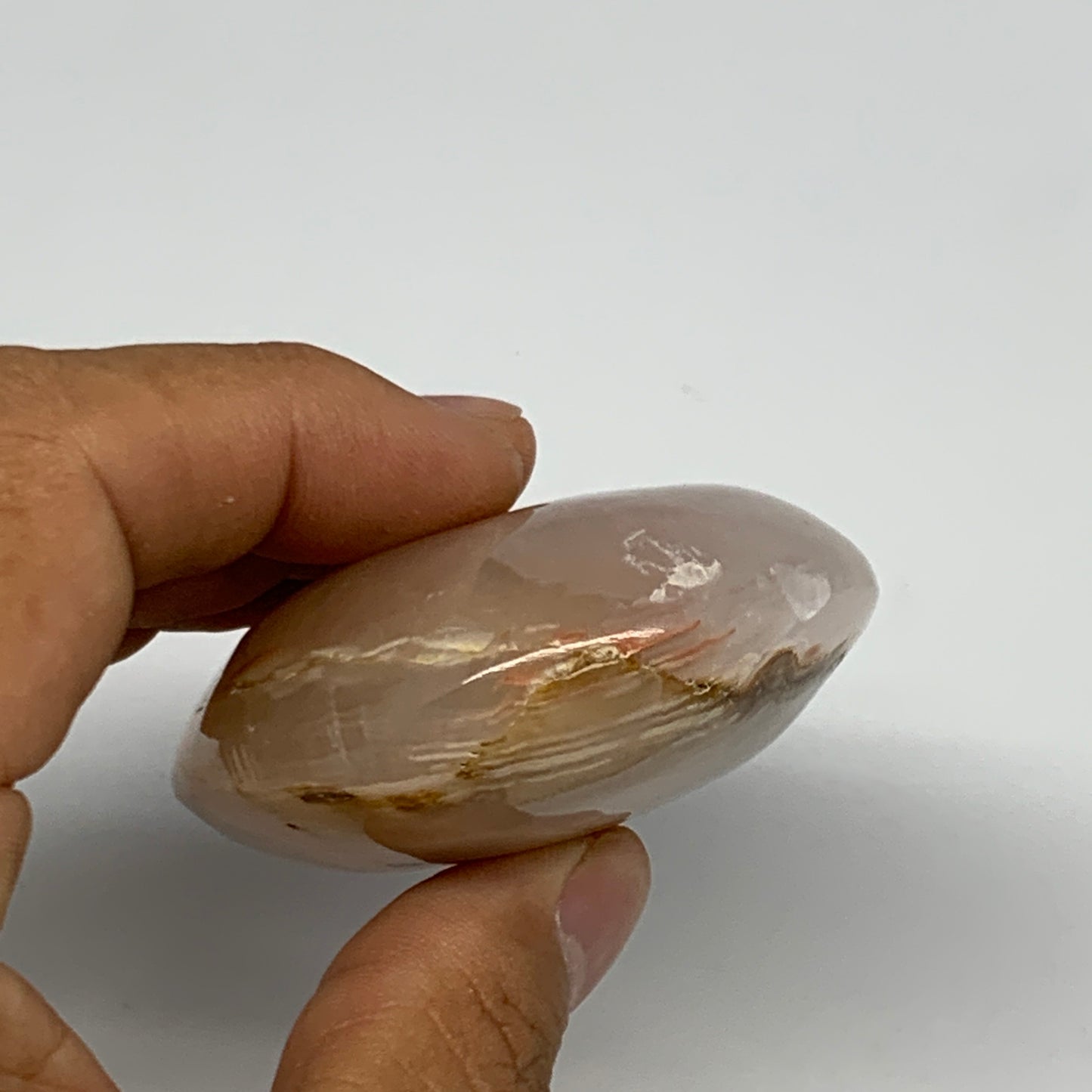 155.1g,3"x2.2"x1",Pink Calcite Palm-Stone Crystal Polished,B23075