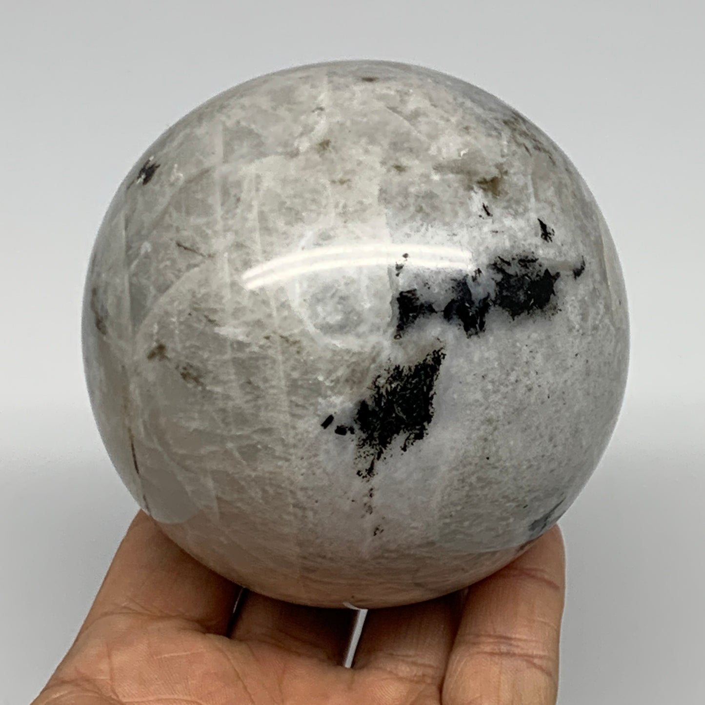 750g,3.2"(82mm), Natural Rainbow Moonstone Sphere Ball Gemstone @India,B22286