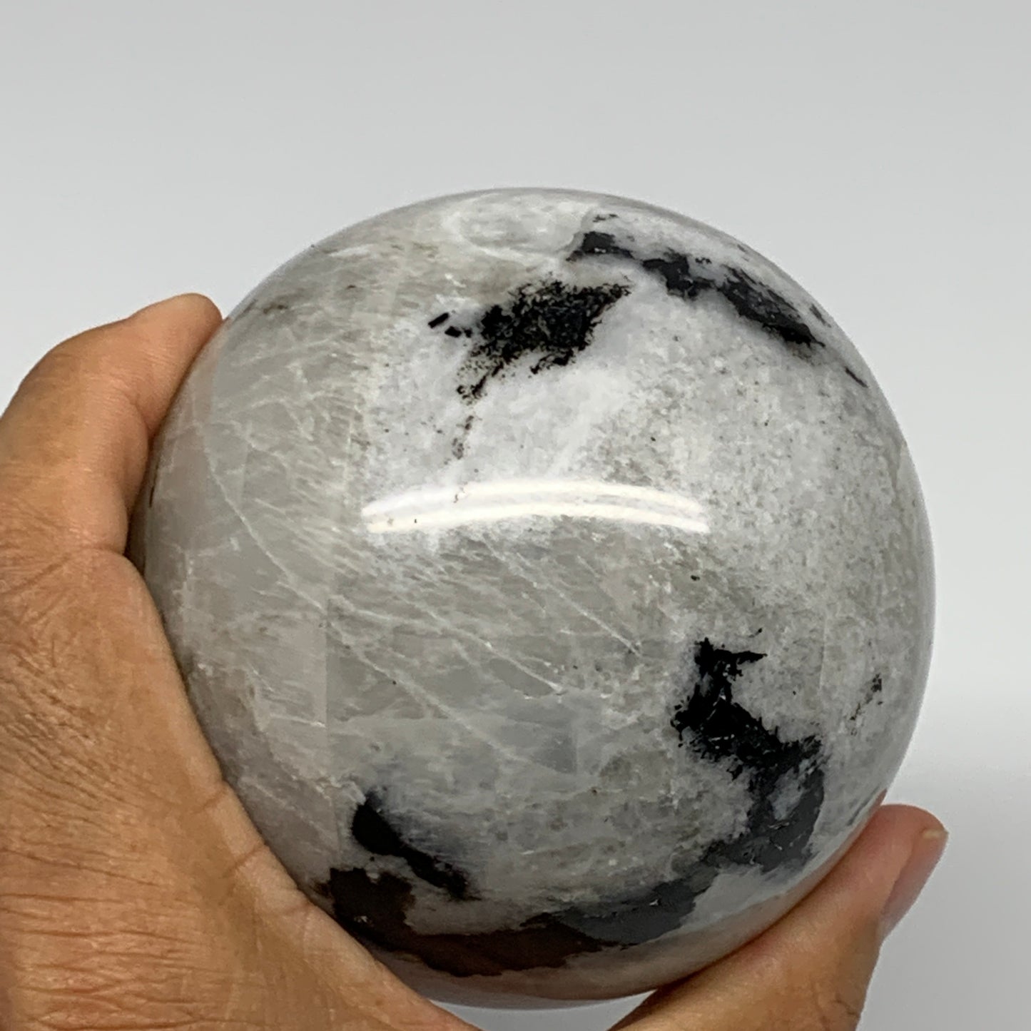750g,3.2"(82mm), Natural Rainbow Moonstone Sphere Ball Gemstone @India,B22286