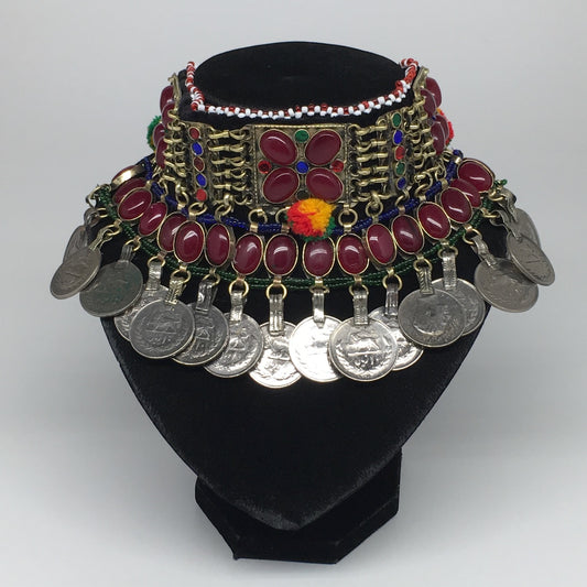 12"x4.25" Kuchi Choker Multi-Color Tribal Gypsy Bohemian Statement Coins,CK530