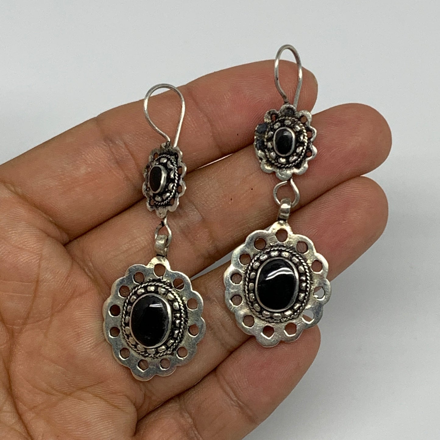 1pc, Handmade Turkmen Earring Tribal Jewelry Black Carnelian Oval Boho, B14193