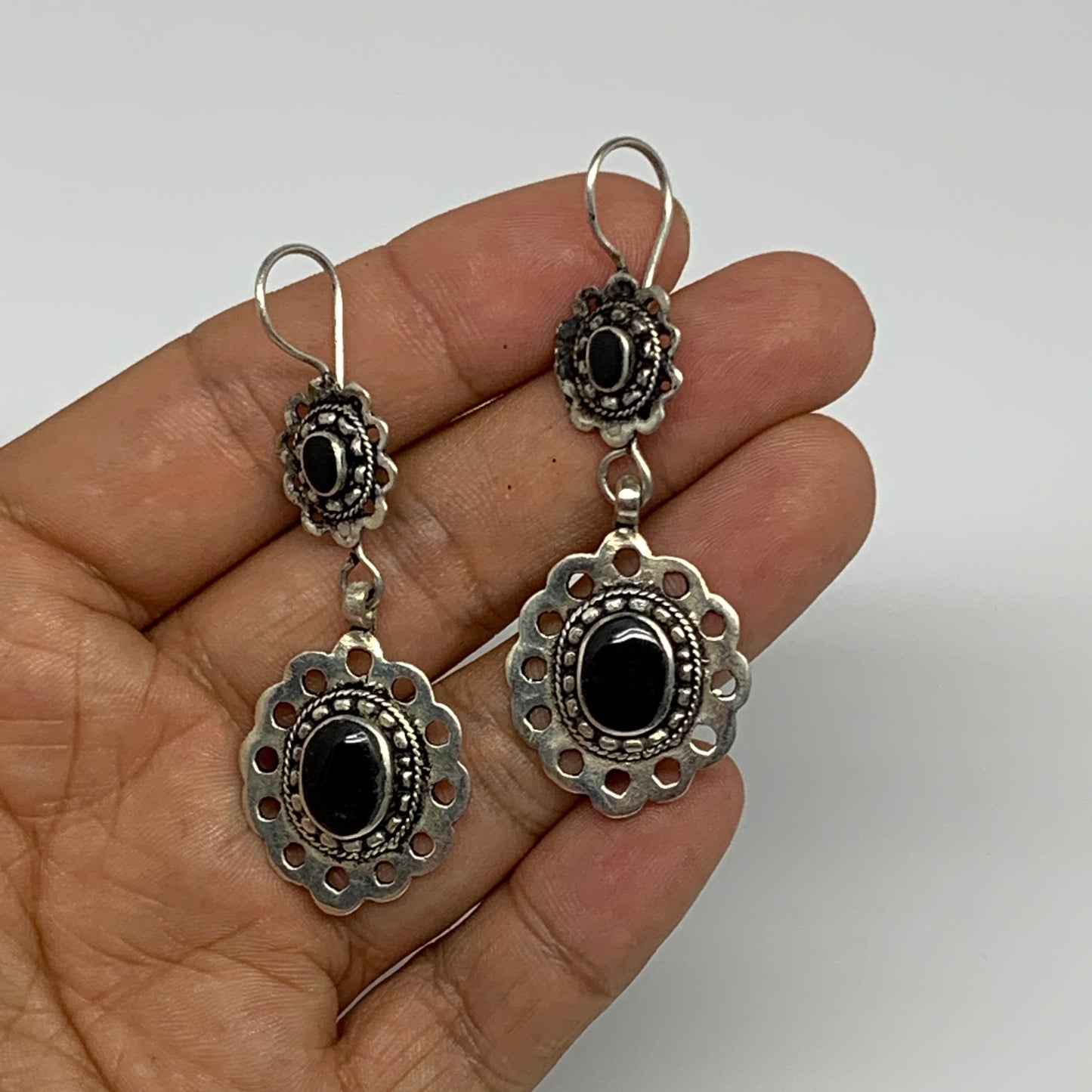 1pc, Handmade Turkmen Earring Tribal Jewelry Black Carnelian Oval Boho, B14193