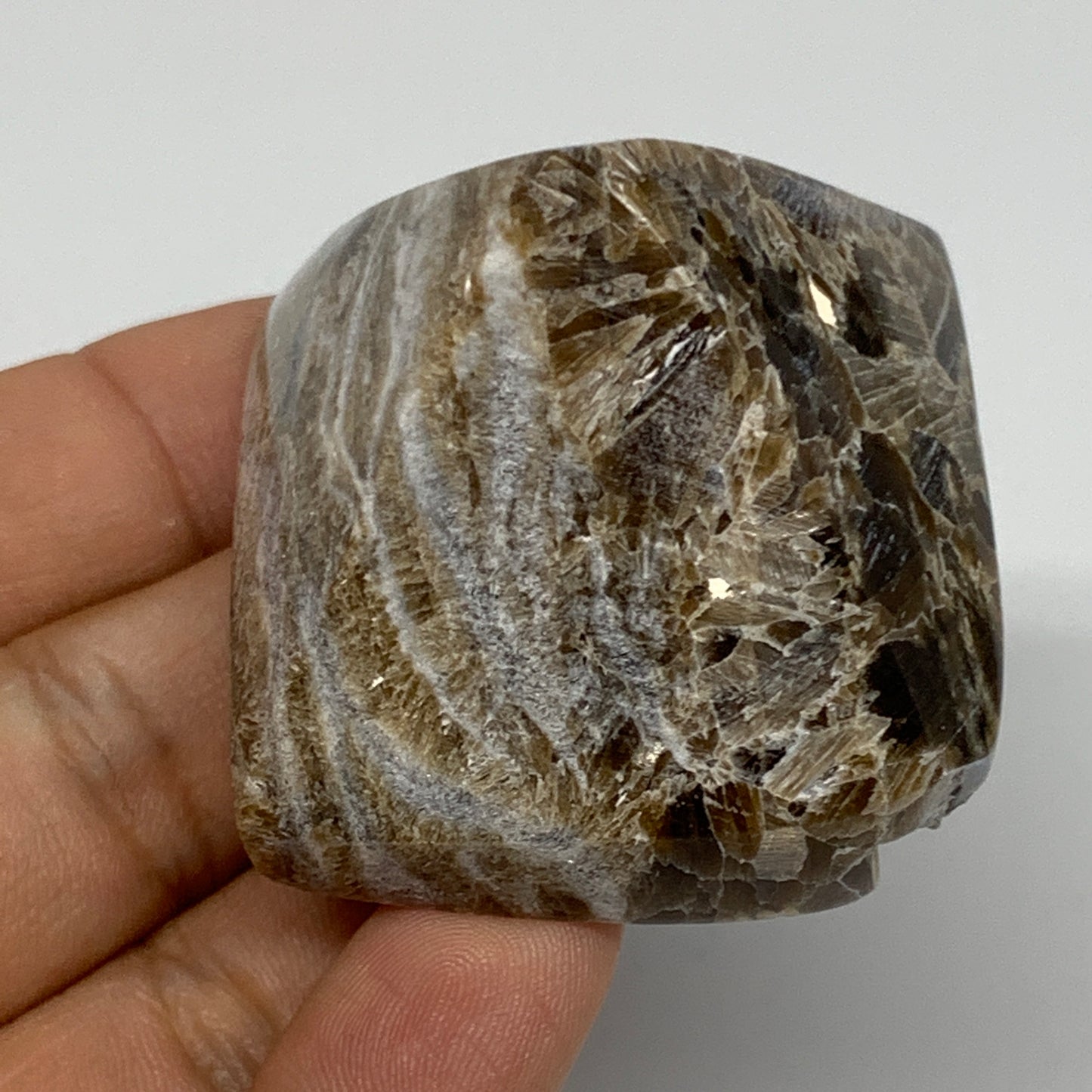 73.4g, 1.3"x1.9"x1.6" Chocolate/Gray Onyx Pyramid Gemstone @Morocco, B19028