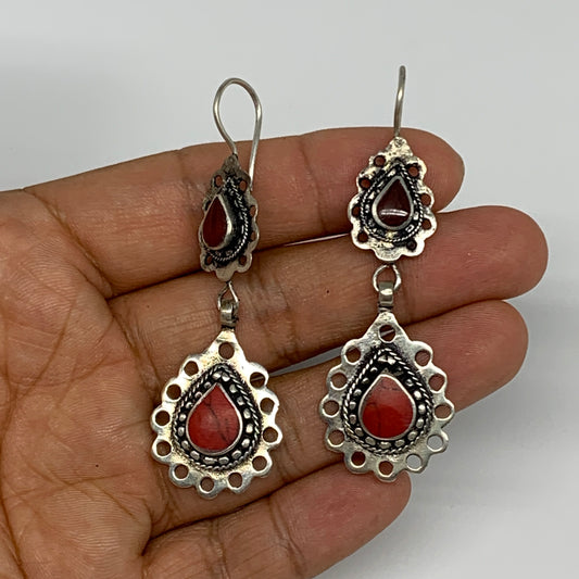 1pc, Handmade Turkmen Earring Tribal Jewelry Red Coral Inlay Teardrop Boho, B141