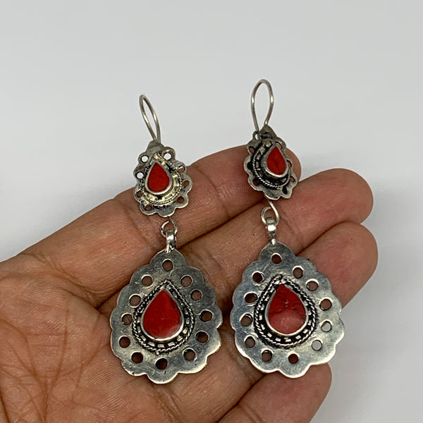 1pc, Handmade Turkmen Earring Tribal Jewelry Red Coral Inlay Teardrop Boho, B141