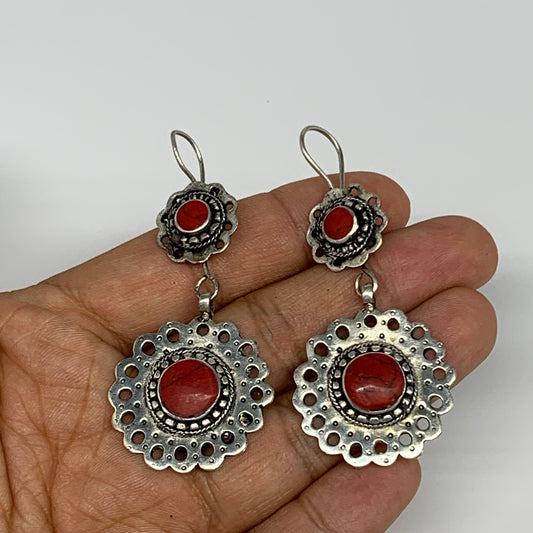 1pc, Handmade Turkmen Earring Tribal Jewelry Red Coral Inlay Round Boho, B14197