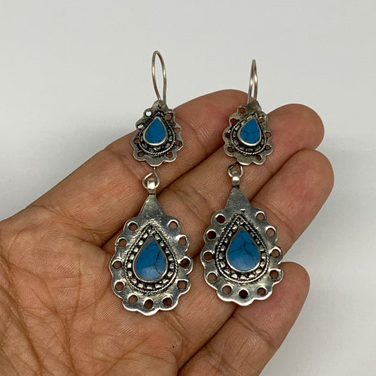 1pc, Handmade Turkmen Earring Tribal Jewelry Turquoise Inlay Drop Boho, B14198