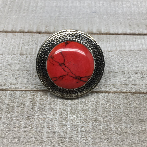 Antique Afghan Turkmen Tribal Round Shape Red Coral Inlay Kuchi Ring Boho, TR81