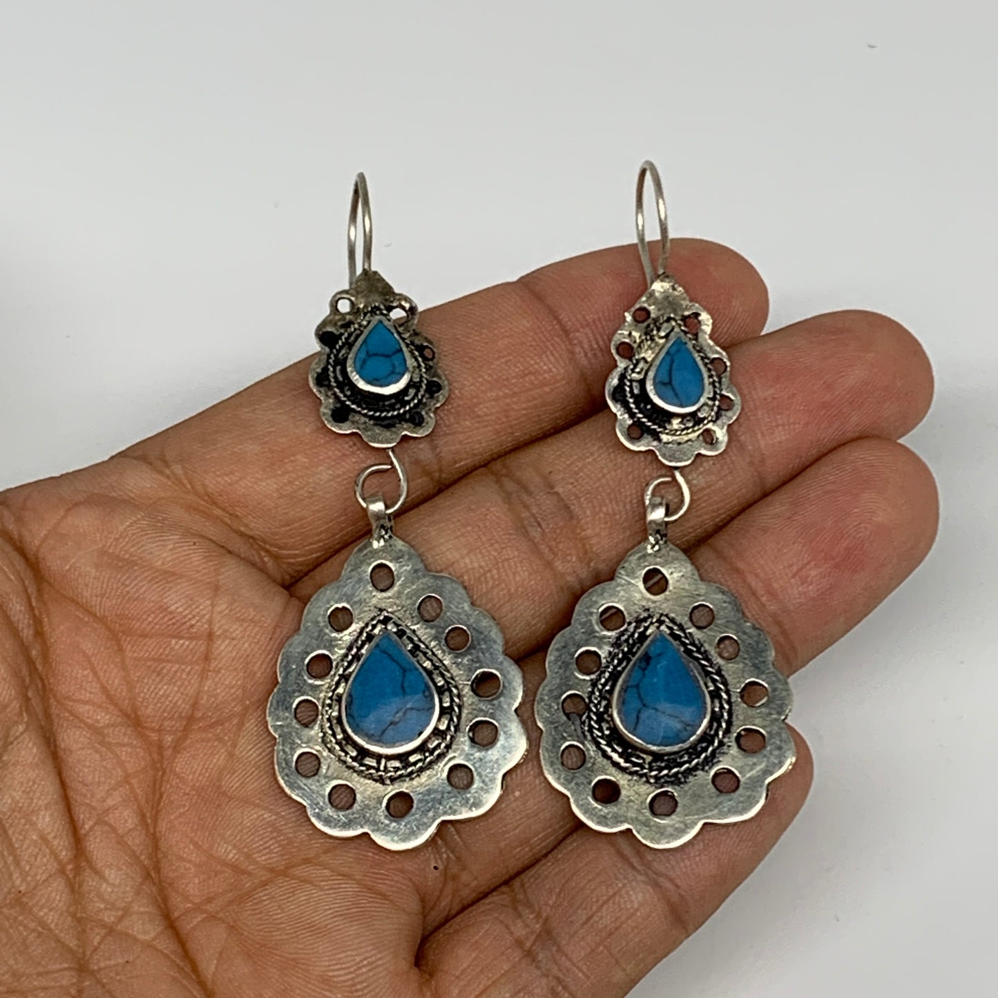 1pc, Handmade Turkmen Earring Tribal Jewelry Turquoise Inlay Drop Boho, B14199