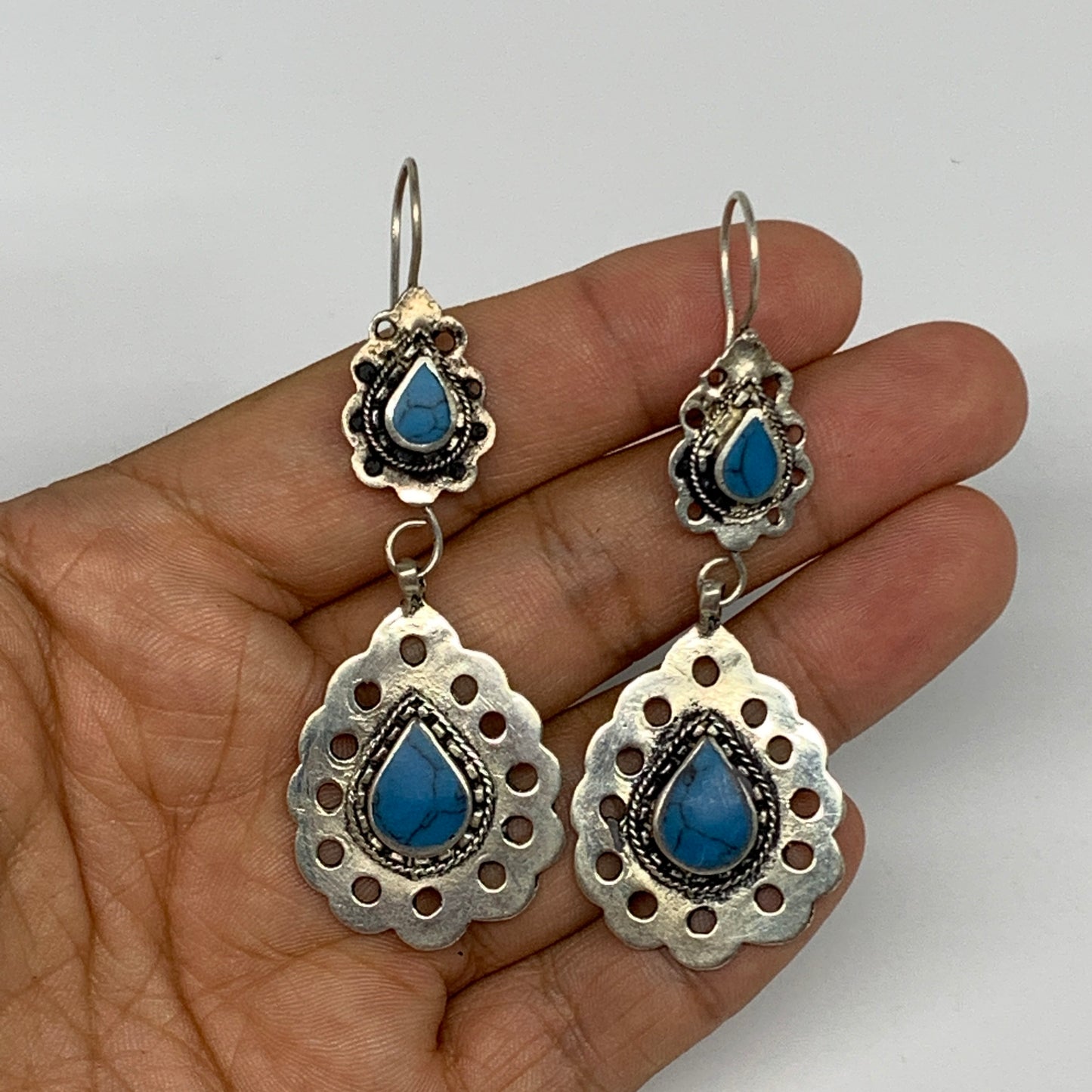 1pc, Handmade Turkmen Earring Tribal Jewelry Turquoise Inlay Drop Boho, B14199