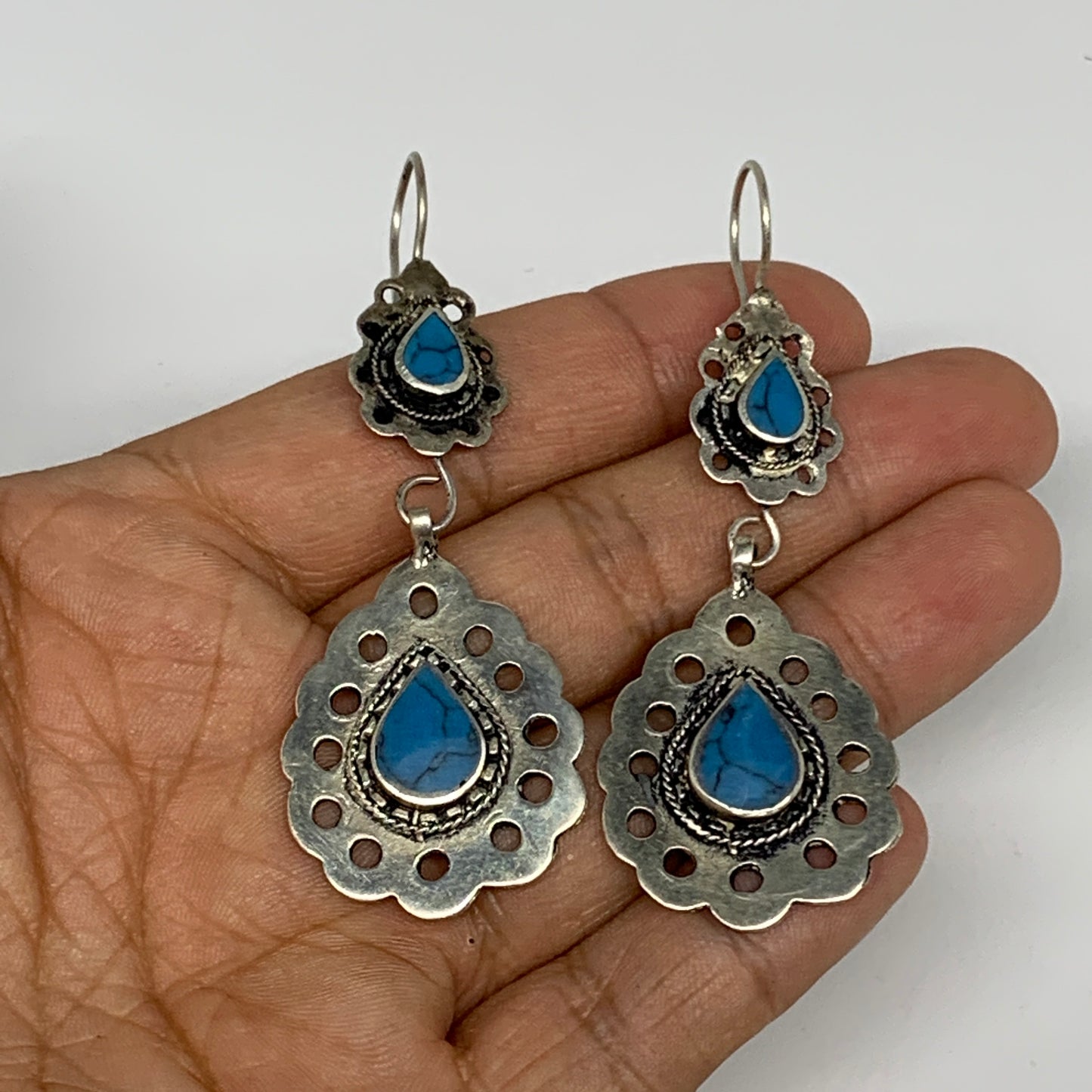 1pc, Handmade Turkmen Earring Tribal Jewelry Turquoise Inlay Drop Boho, B14199