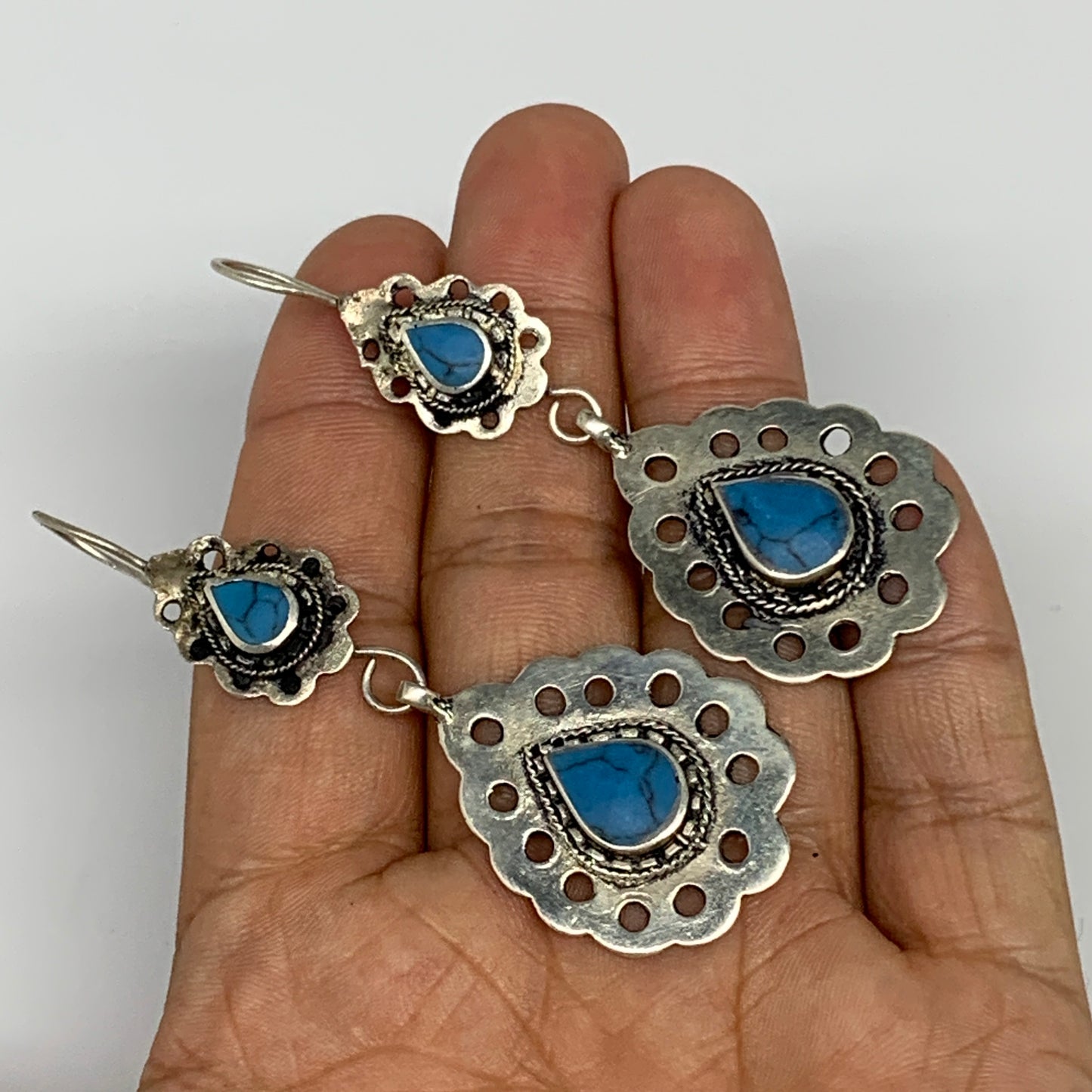 1pc, Handmade Turkmen Earring Tribal Jewelry Turquoise Inlay Drop Boho, B14199