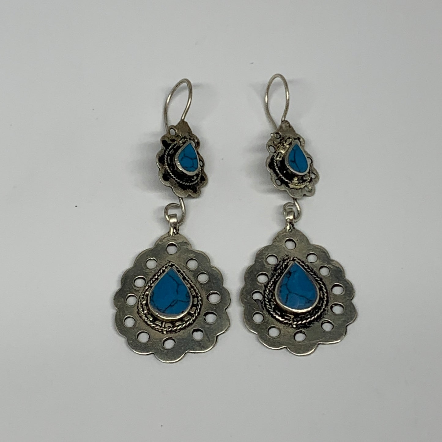 1pc, Handmade Turkmen Earring Tribal Jewelry Turquoise Inlay Drop Boho, B14199