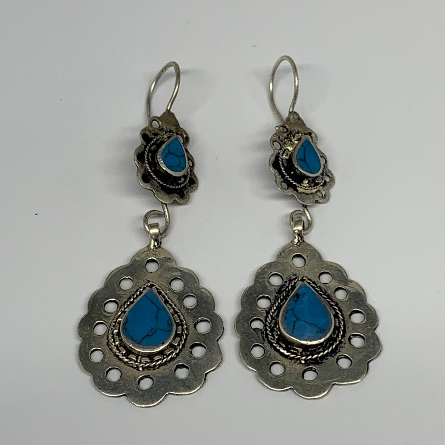 1pc, Handmade Turkmen Earring Tribal Jewelry Turquoise Inlay Drop Boho, B14199