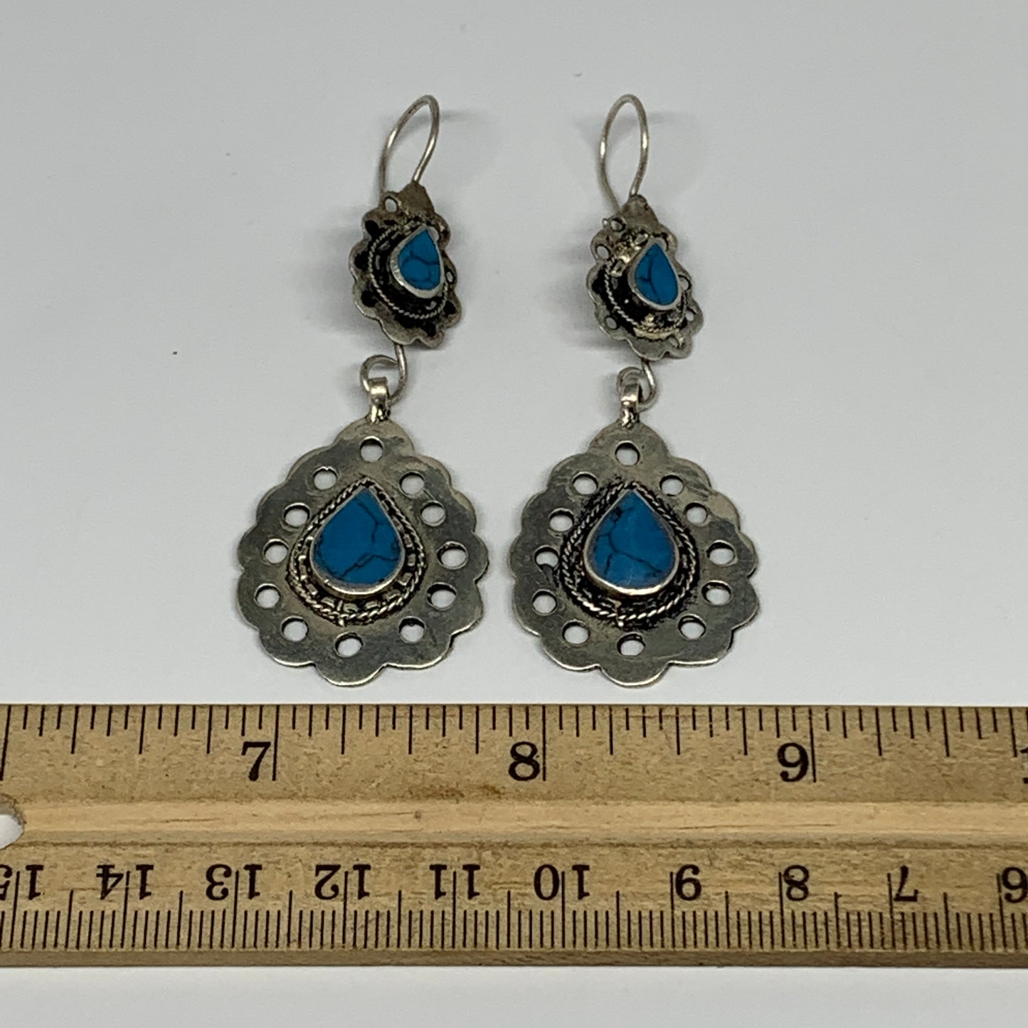 1pc, Handmade Turkmen Earring Tribal Jewelry Turquoise Inlay Drop Boho, B14199