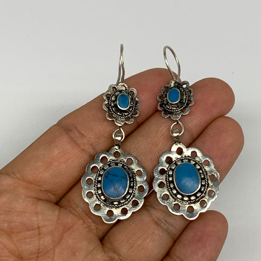 1pc, Handmade Turkmen Earring Tribal Jewelry Turquoise Inlay Oval Boho, B14200
