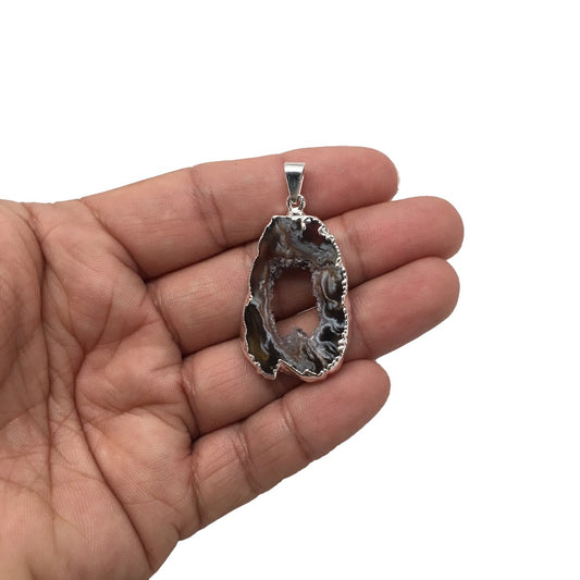 Agate Druzy Slice Geode Pendant Silver Plated from Brazil,Free 18" Chain, Bp749 - watangem.com
