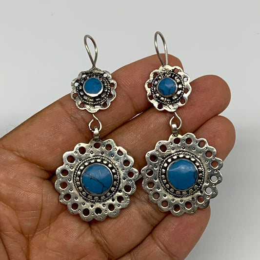 1pc, Handmade Turkmen Earring Tribal Jewelry Turquoise Inlay Round Boho, B14201