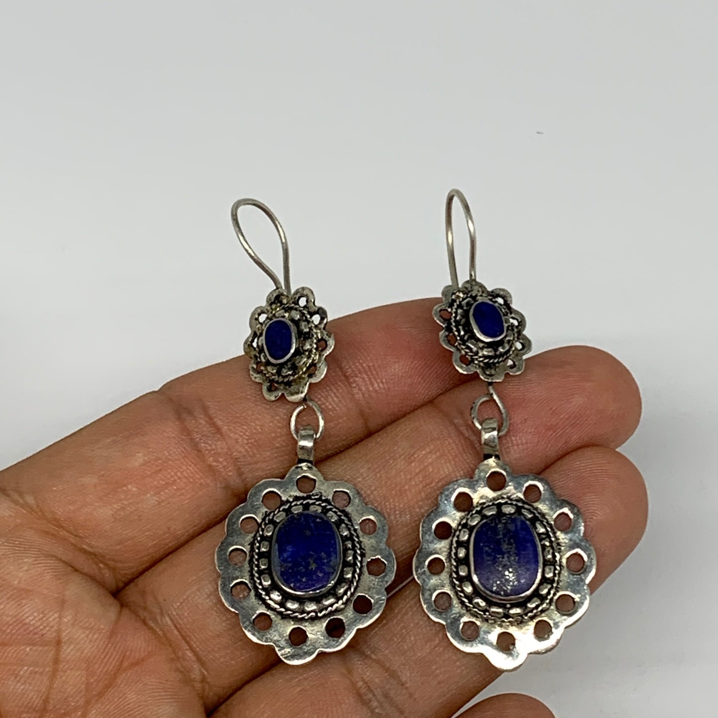 1pc, Handmade Turkmen Earring Tribal Jewelry Lapis Inlay Oval Boho, B14208