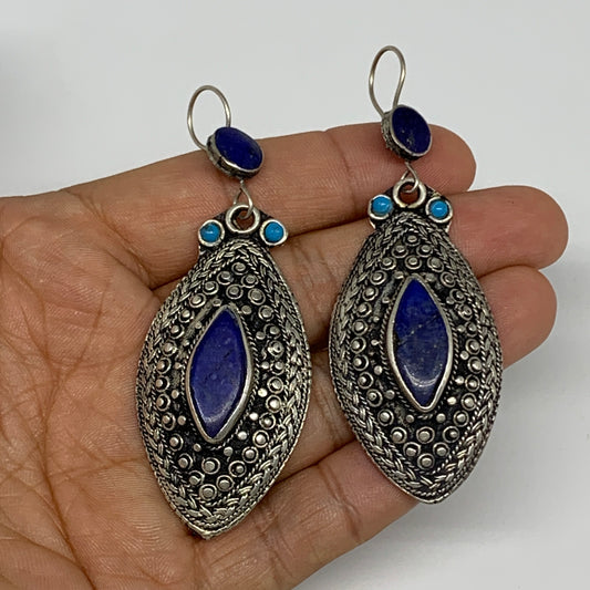 1pc, Handmade Turkmen Earring Tribal Jewelry Lapis Inlay Marquise Boho, B14210