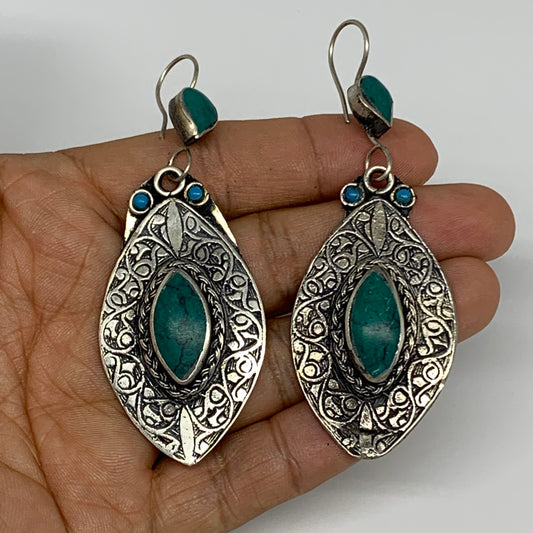 1pc, Handmade Turkmen Earring Tribal Jewelry Turquoise Inlay Marquise Boho, B142