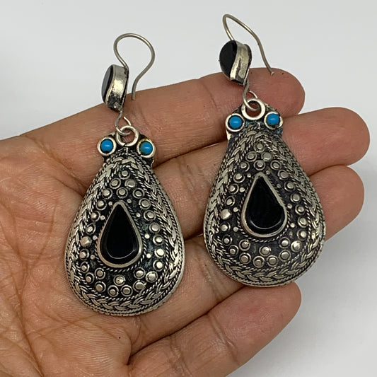 1pc, Handmade Turkmen Earring Tribal Jewelry Black Carnelian Teardrop Boho, B142
