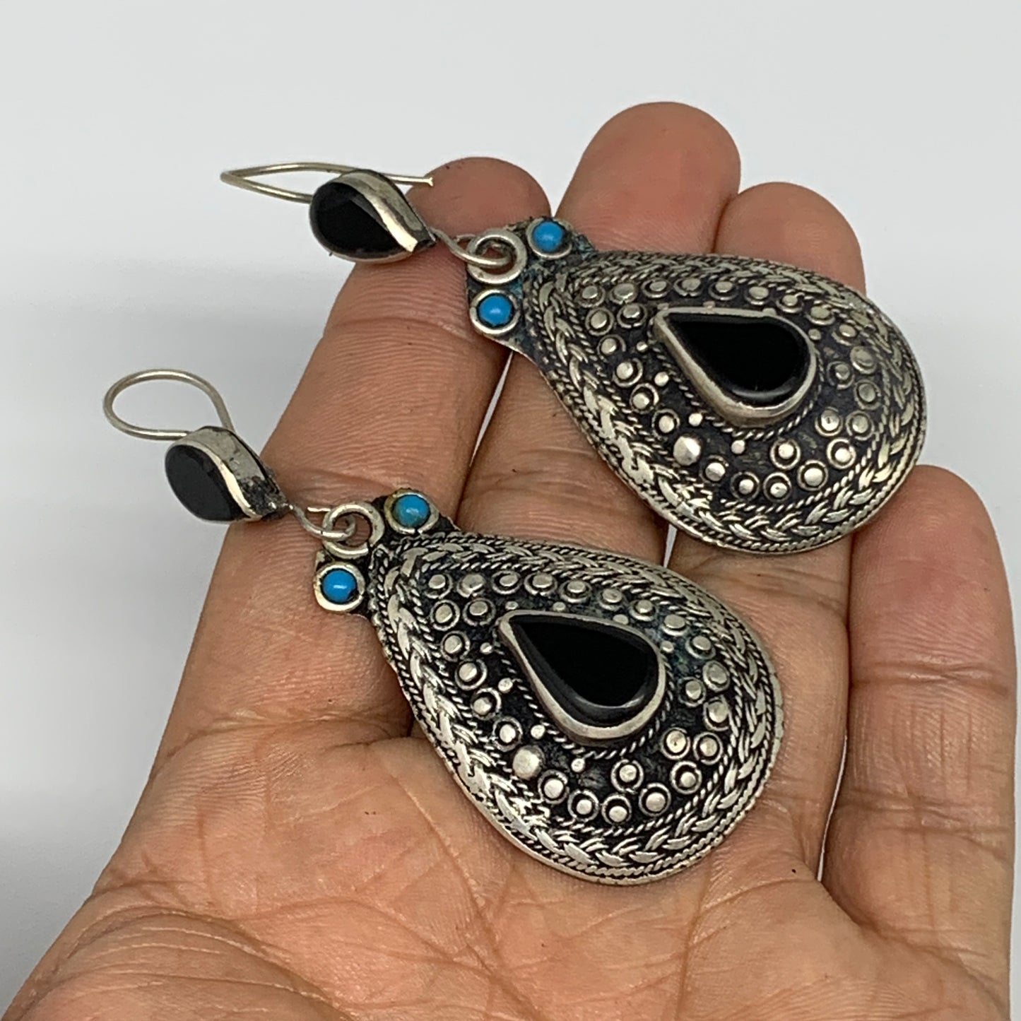 1pc, Handmade Turkmen Earring Tribal Jewelry Black Carnelian Teardrop Boho, B142