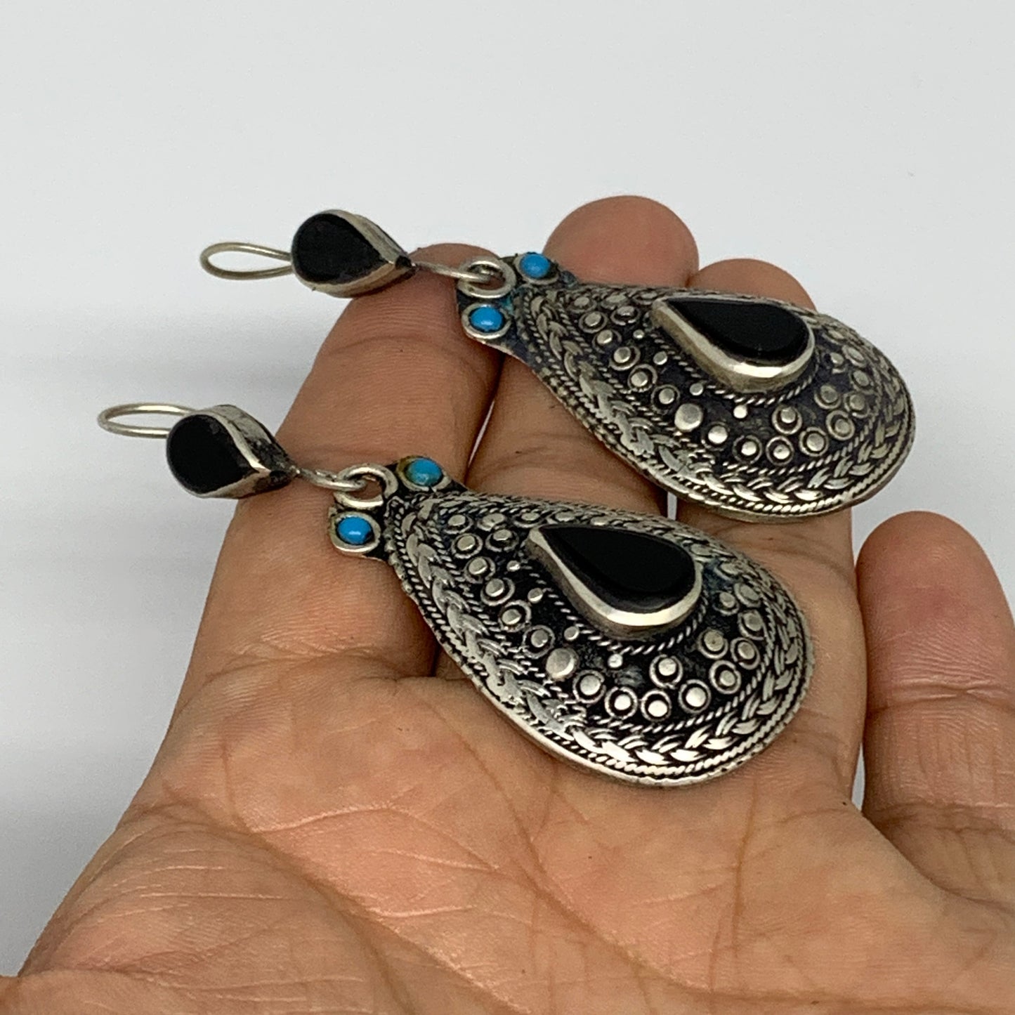 1pc, Handmade Turkmen Earring Tribal Jewelry Black Carnelian Teardrop Boho, B142