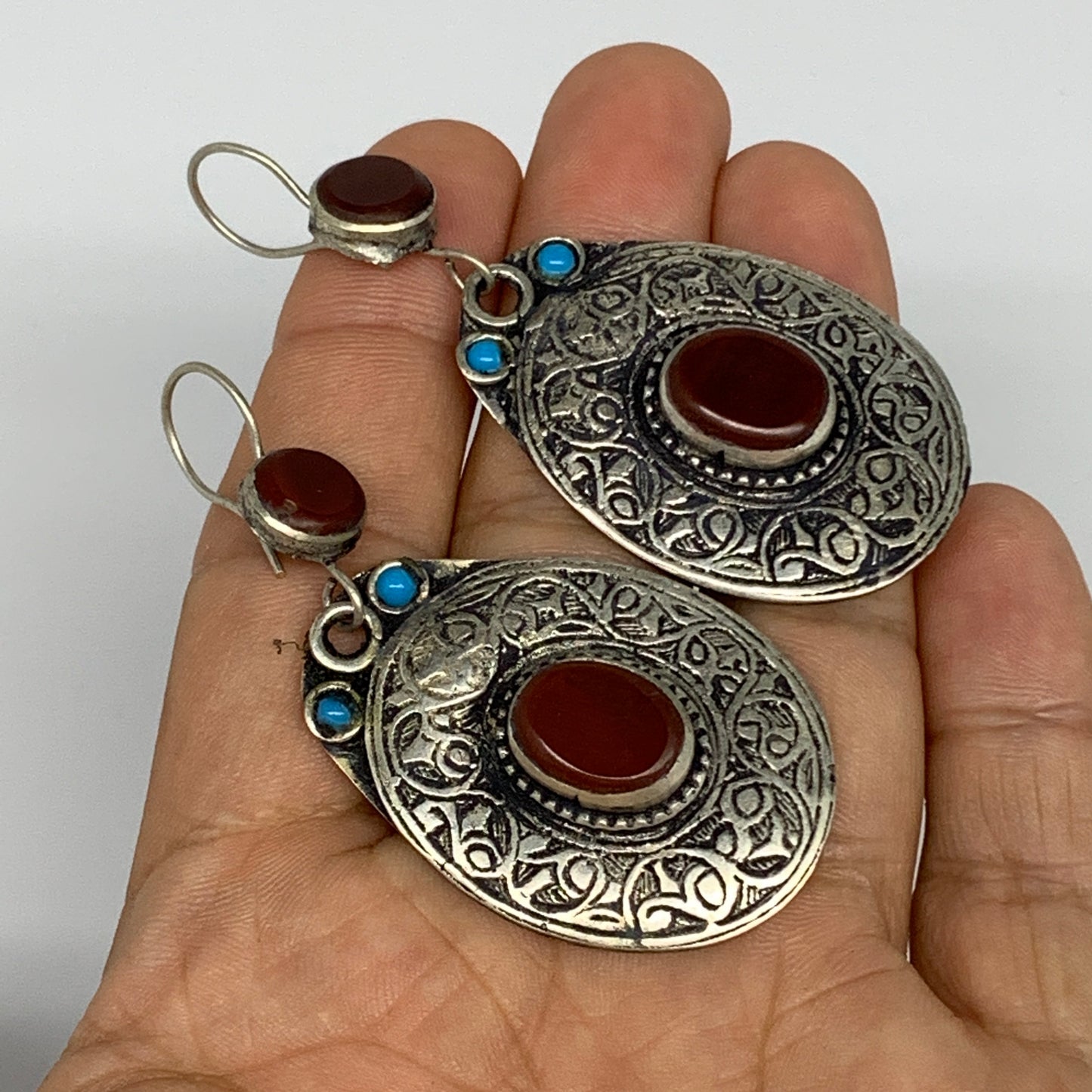 1pr, 2.5"x1.1" Turkmen Earring Tribal Jewelry Carnelian Oval Boho, B14305