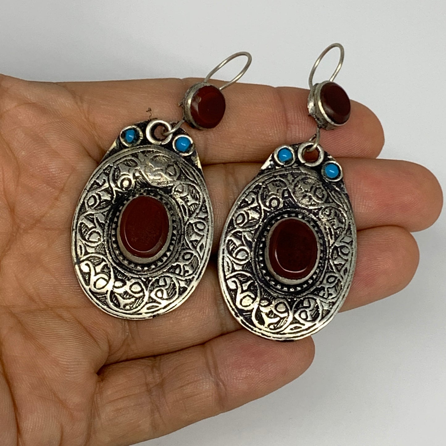 1pr, 2.5"x1.1" Turkmen Earring Tribal Jewelry Carnelian Oval Boho, B14305