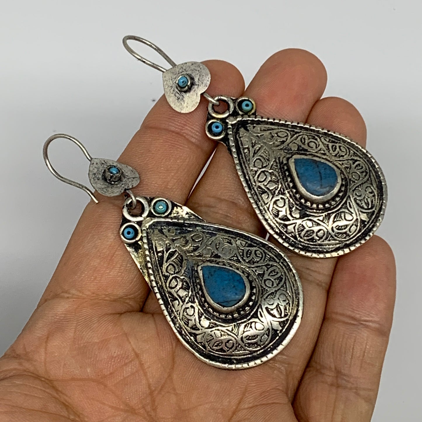 1pc, Handmade Turkmen Earring Tribal Jewelry Turquoise Inlay Drop Boho, B14304