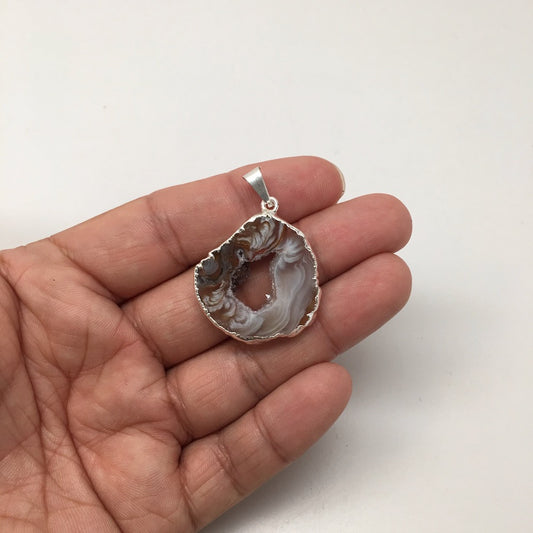 Agate Druzy Slice Geode Pendant Silver Plated from Brazil,Free 18" Chain, Bp778 - watangem.com