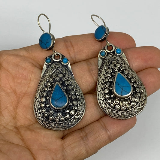 1pc, Handmade Turkmen Earring Tribal Jewelry Turquoise Inlay Drop Boho, B14302