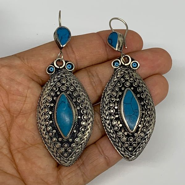 1pc, Handmade Turkmen Earring Tribal Jewelry Turquoise Inlay Marquise Boho, B143