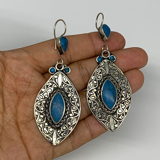 1pc, Handmade Turkmen Earring Tribal Jewelry Turquoise Inlay Marquise Boho, B142