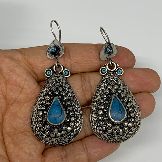 1pc, Handmade Turkmen Earring Tribal Jewelry Turquoise Inlay Drop Boho, B14296