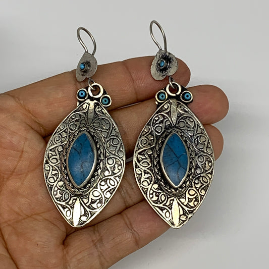1pc, Handmade Turkmen Earring Tribal Jewelry Turquoise Inlay Marquise Boho, B142