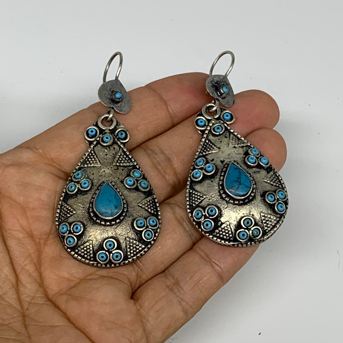 1pc, Handmade Turkmen Earring Tribal Jewelry Turquoise Inlay Drop Boho, B14294