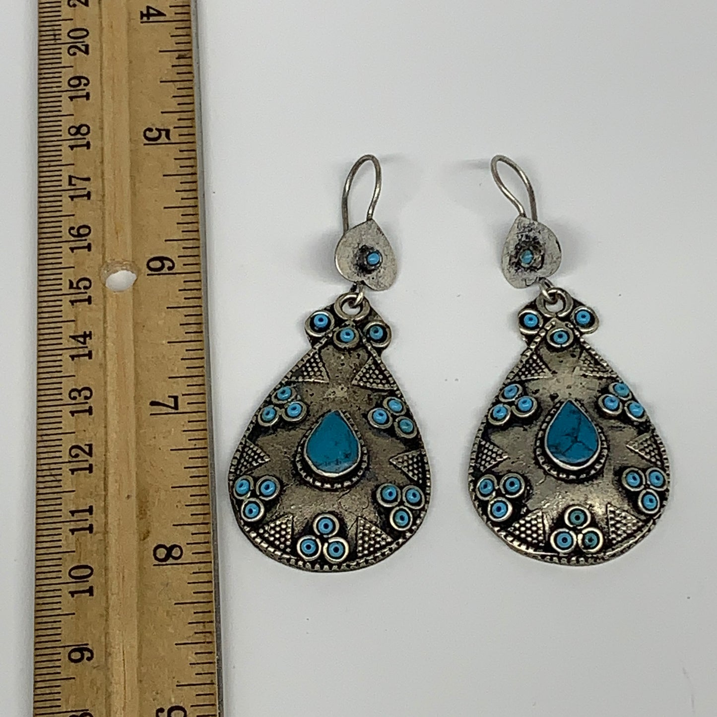 1pc, Handmade Turkmen Earring Tribal Jewelry Turquoise Inlay Drop Boho, B14294